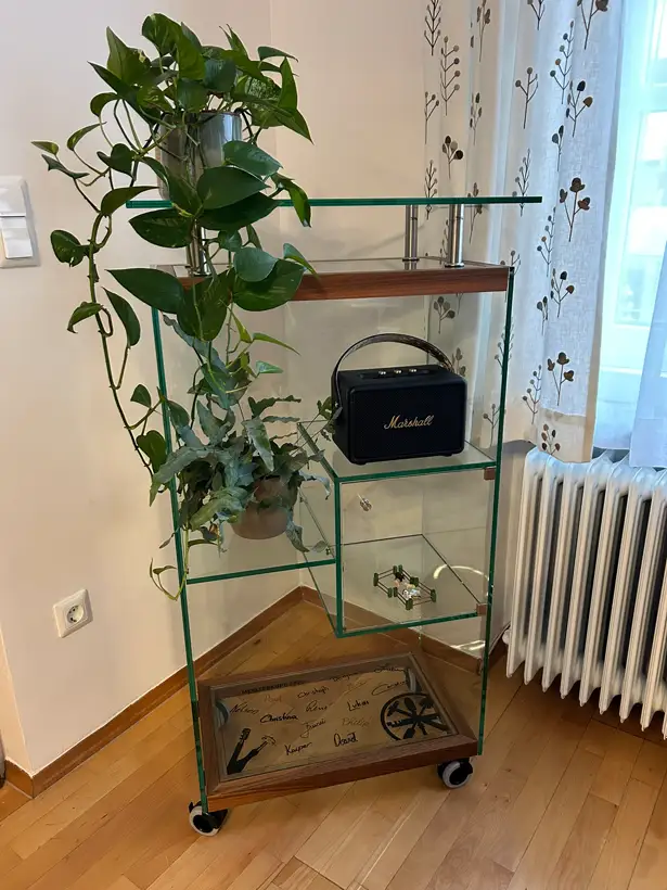 Glasregal mit Holzrahmen, Glasfächer und Türe